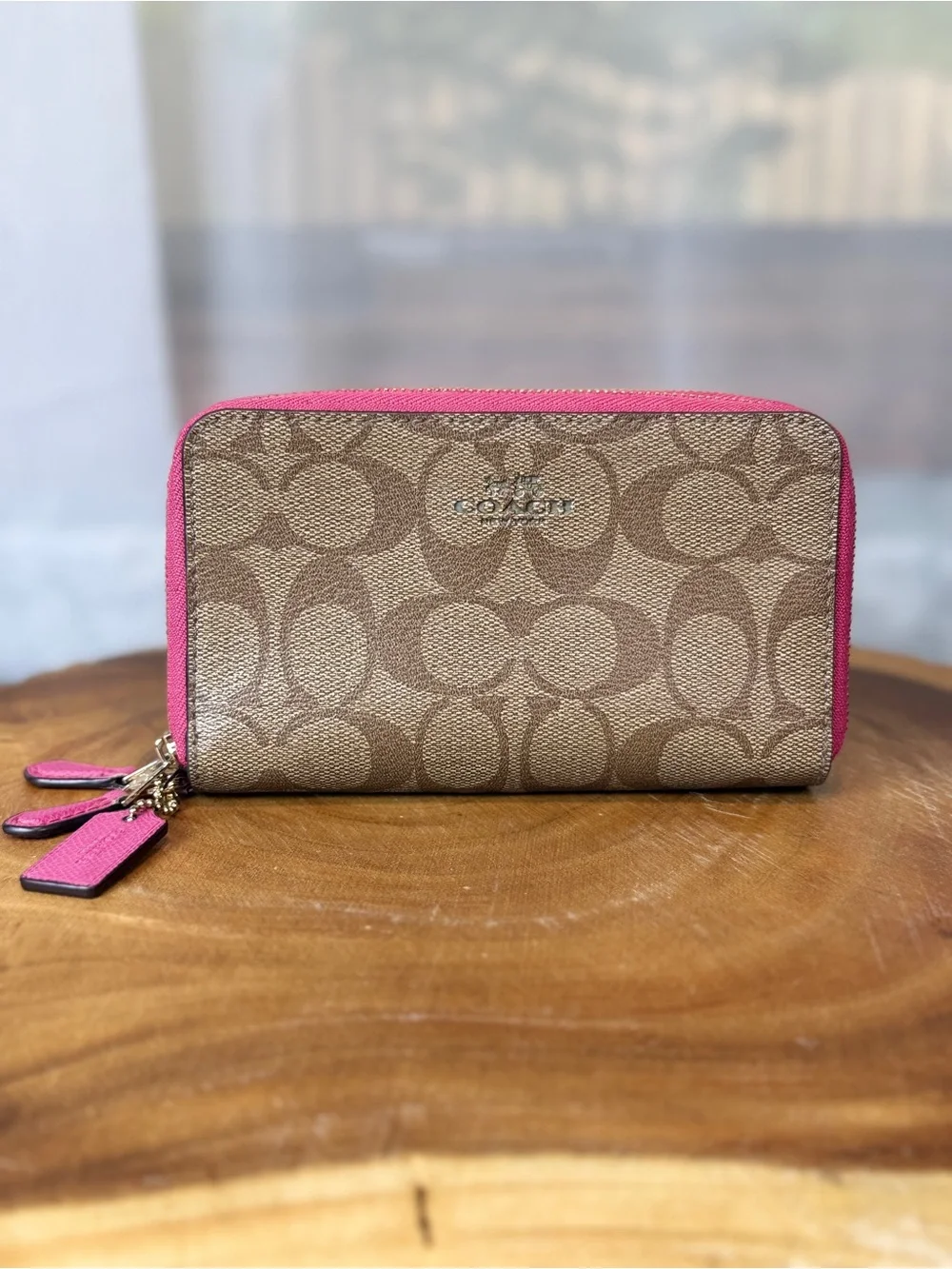 Coach Khaki & Pink Signature Double Zip Phone Wallet Wristlet
